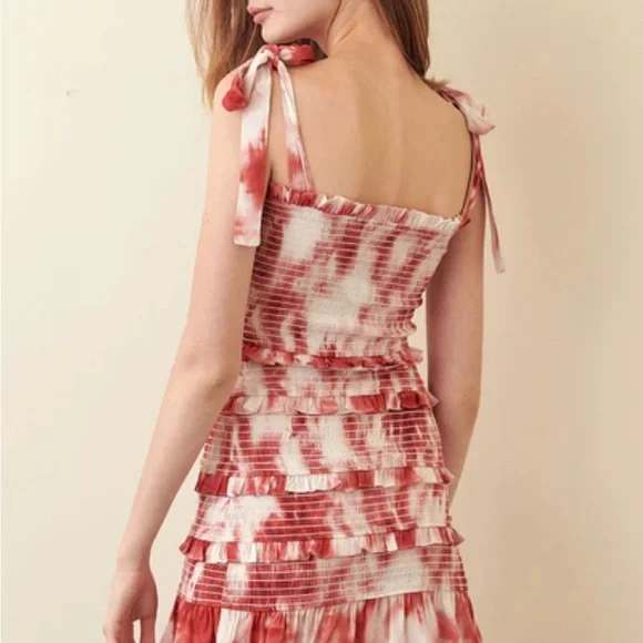 Storia Orange/ Red  Tie Dye Smocked Ruffle Mini Dress S Teen - Picture 2 of 5